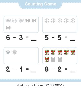 Zählspiel, zählen Sie die Anzahl der Ribbon, Snowflake, Geschenkbox und schreiben Sie das Ergebnis. Kinderspiel, druckbares Arbeitsblatt, Vektorgrafik