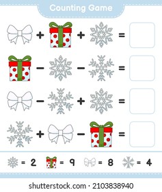 Counting game, count the number of Ribbon, Snowflake, Gift Box and write the result. Educational children game, printable worksheet, vector illustration