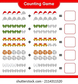 Counting game, count the number of Ribbon, Hat, Christmas Bell, Cookies and write the result. Educational children game, printable worksheet, vector illustration