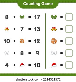 Juego de conteo, cuenta el número de Ribbon, Hat, Christmas Bell, Cookies y escribe el resultado. Juego infantil educativo, hoja de cálculo imprimible, ilustración vectorial