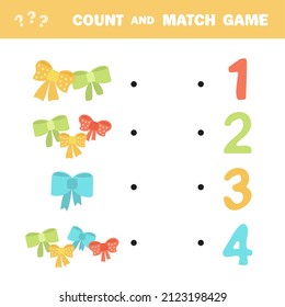 Counting game, count the number of ribbon and connect with the result. Educational children game, printable worksheet, vector illustration
