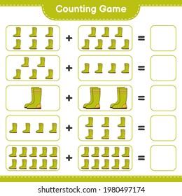 Counting game, count the number of Rubber Boots and write the result. Educational children game, printable worksheet, vector illustration