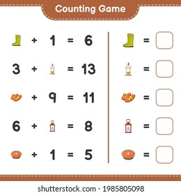 Counting game, count the number of Rubber Boots, Candle, Slippers, Lantern, Pie and write the result. Educational children game, printable worksheet, vector illustration