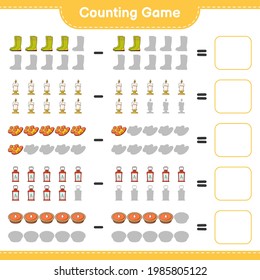 Counting game, count the number of Rubber Boots, Candle, Slippers, Lantern, Pie and write the result. Educational children game, printable worksheet, vector illustration