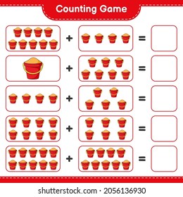 Contando juego, contar el número de Sand Bucket y escribir el resultado. Juego infantil educativo, hoja de cálculo imprimible, ilustración vectorial