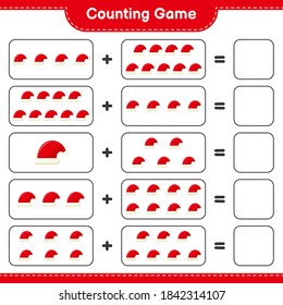 Counting game, count the number of Santa Hats and write the result. Educational children game, printable worksheet, vector illustration