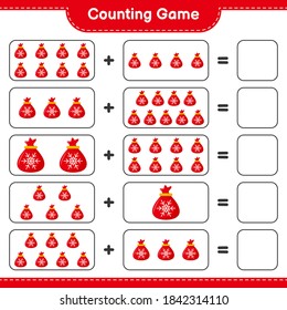 Counting game, count the number of Santa Claus Bag and write the result. Educational children game, printable worksheet, vector illustration