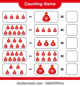 Counting game, count the number of Santa Claus Bag and write the result. Educational children game, printable worksheet, vector illustration