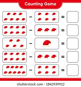 Counting game, count the number of Santa Hats and write the result. Educational children game, printable worksheet, vector illustration