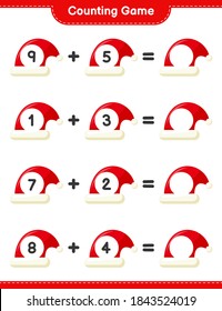 Counting game, count the number of Santa Hats and write the result. Educational children game, printable worksheet, vector illustration
