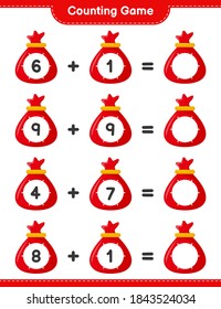 Counting game, count the number of Santa Claus Bag and write the result. Educational children game, printable worksheet, vector illustration