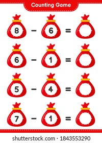 Counting game, count the number of Santa Claus Bag and write the result. Educational children game, printable worksheet, vector illustration