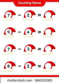 Counting game, count the number of Santa Hats and write the result. Educational children game, printable worksheet, vector illustration