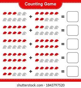 Counting game, count the number of Santa Hats and write the result. Educational children game, printable worksheet, vector illustration