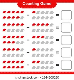 Counting game, count the number of Santa Hats and write the result. Educational children game, printable worksheet, vector illustration