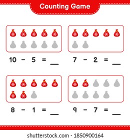 Counting game, count the number of Santa Claus Bag and write the result. Educational children game, printable worksheet, vector illustration