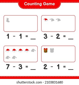 Counting game, count the number of Santa Hat, Gift Box, Christmas Sock and write the result. Educational children game, printable worksheet, vector illustration