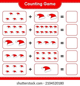 Counting game, count the number of Santa Hat and write the result. Educational children game, printable worksheet, vector illustration