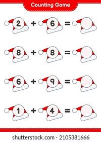 Counting game, count the number of Santa Hat and write the result. Educational children game, printable worksheet, vector illustration