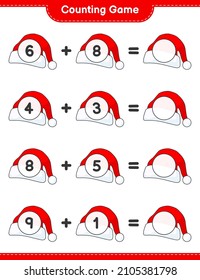 Counting game, count the number of Santa Hat and write the result. Educational children game, printable worksheet, vector illustration