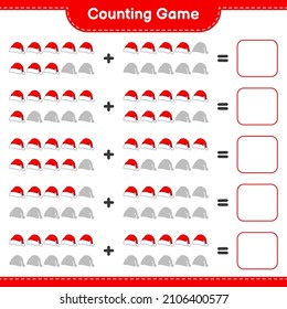 Counting game, count the number of Santa Hat and write the result. Educational children game, printable worksheet, vector illustration

