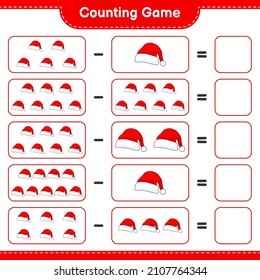 Counting game, count the number of Santa Hat and write the result. Educational children game, printable worksheet, vector illustration