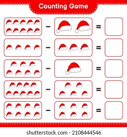 Counting game, count the number of Santa Hat and write the result. Educational children game, printable worksheet, vector illustration