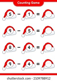 Contando juego, cuenta el número de Santa Hat y escribe el resultado. Juego infantil educativo, hoja de cálculo imprimible, ilustración vectorial