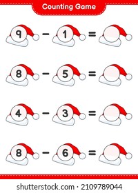 Counting game, count the number of Santa Hat and write the result. Educational children game, printable worksheet, vector illustration