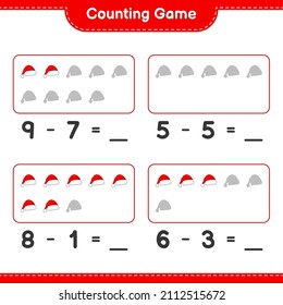 Counting game, count the number of Santa Hat and write the result. Educational children game, printable worksheet, vector illustration
