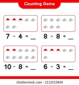 Counting game, count the number of Santa Hat and write the result. Educational children game, printable worksheet, vector illustration
