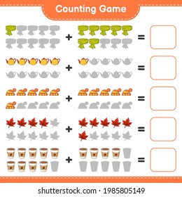 Counting game, count the number of Scarf, Tea Pot, Hat, Maple Leaf, Coffee Cup and write the result. Educational children game, printable worksheet, vector illustration