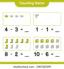 Counting game, count the number of Scarf, Book, Rubber Boots, Tea Pot and write the result. Educational children game, printable worksheet, vector illustration