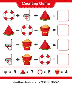 Counting game, count the number of Scuba Diving Mask, Sand Bucket, Watermelon, Lifebuoy and write the result. Educational children game, printable worksheet, vector illustration