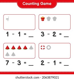 Counting game, count the number of Scuba Diving Mask, Sand Bucket, Watermelon, Lifebuoy and write the result. Educational children game, printable worksheet, vector illustration