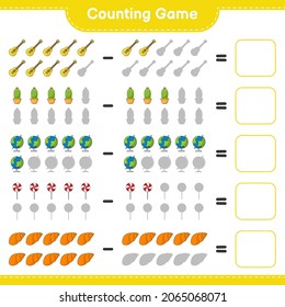Counting game, count the number of Sea Shells, Ukulele, Cactus, Globe, Candy and write the result. Educational children game, printable worksheet, vector illustration