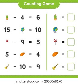 Counting game, count the number of Sea Shells, Ukulele, Cactus, Globe, Candy and write the result. Educational children game, printable worksheet, vector illustration