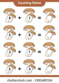 Counting game, count the number of Shiitake and write the result. Educational children game, printable worksheet, vector illustration
