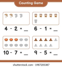 Counting game, count the number of Shiitake, Hat, Pie, Coffee Cup and write the result. Educational children game, printable worksheet, vector illustration