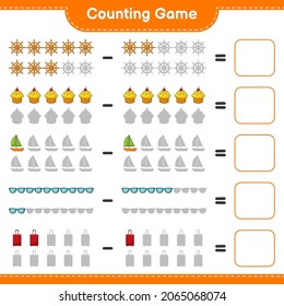 Counting game, count the number of Ship Steering Wheel, Cup Cake, Sailboat, Sunglasses, Travel Bag and write the result. Educational children game, printable worksheet, vector illustration