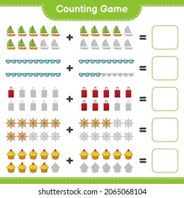 Counting game, count the number of Ship Steering Wheel, Cup Cake, Sailboat, Sunglasses, Travel Bag and write the result. Educational children game, printable worksheet, vector illustration