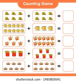 Counting game, count the number of Slippers, Tea Cup, Book, Jam, Pie and write the result. Educational children game, printable worksheet, vector illustration