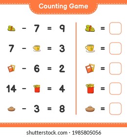 Counting game, count the number of Slippers, Tea Cup, Book, Jam, Pie and write the result. Educational children game, printable worksheet, vector illustration