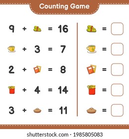 Counting game, count the number of Slippers, Tea Cup, Book, Jam, Pie and write the result. Educational children game, printable worksheet, vector illustration