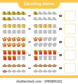 Counting game, count the number of Slippers, Tea Cup, Book, Jam, Pie and write the result. Educational children game, printable worksheet, vector illustration