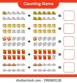 Counting game, count the number of Slippers, Tea Cup, Book, Jam, Pie and write the result. Educational children game, printable worksheet, vector illustration