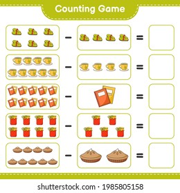 Counting game, count the number of Slippers, Tea Cup, Book, Jam, Pie and write the result. Educational children game, printable worksheet, vector illustration