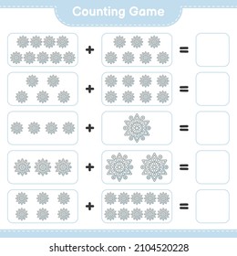 Contando juego, contar el número de copos de nieve y escribir el resultado. Juego infantil educativo, hoja de cálculo imprimible, ilustración vectorial
