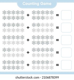 Contando juego, contar el número de copos de nieve y escribir el resultado. Juego infantil educativo, hoja de cálculo imprimible, ilustración vectorial