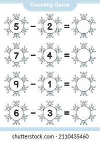 Contando juego, contar el número de copos de nieve y escribir el resultado. Juego infantil educativo, hoja de cálculo imprimible, ilustración vectorial